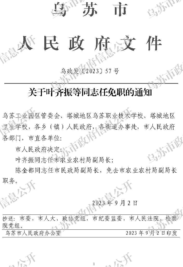烏政發(fā)〔2023〕57號(hào)關(guān)于葉齊振等同志任免職的通知_副本