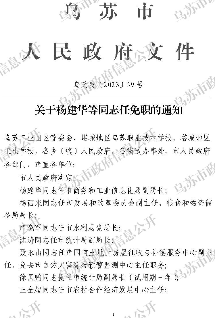 烏政發(fā)〔2023〕59號關(guān)于楊建華等同志任免職的通知_副本